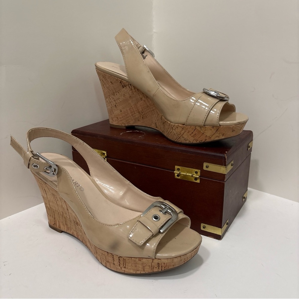 Franco Sarto Carnival Cork Wedge High Heel Sandals cream/tan Patent 9
